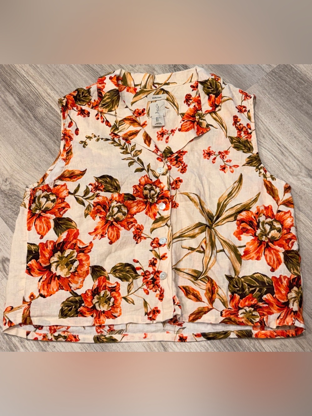 Joie Ivory Orange Green Floral Linen Collared Sleeveless Button Front Blouse L